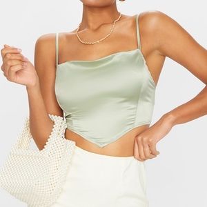 Sage Satin Cowl Neck Crop Top